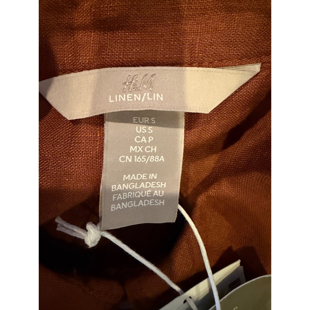 H&M Linen Button Down Shirt Women Small Brown NWT Long Sleeve Preppy Lagenlook - Picture 6 of 9